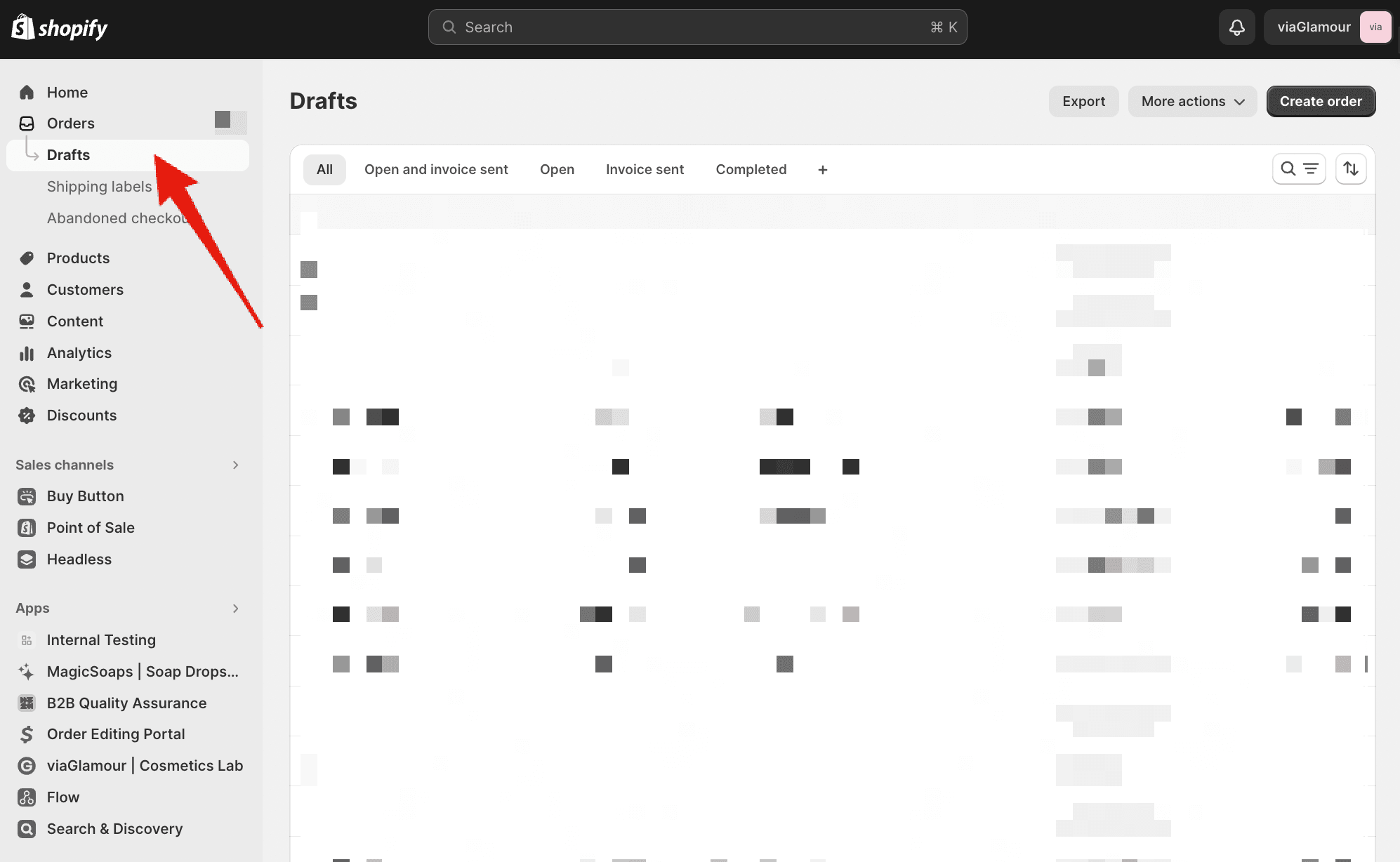 finding the draft orders in Shopify admin